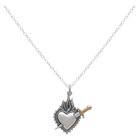Mixed Metal Flaming Heart and Sword Necklace 18 Inch
