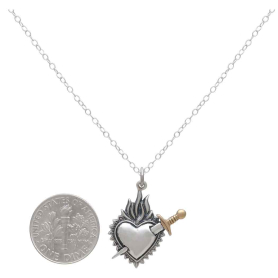 Mixed Metal Flaming Heart and Sword Necklace 18 Inch with Dime