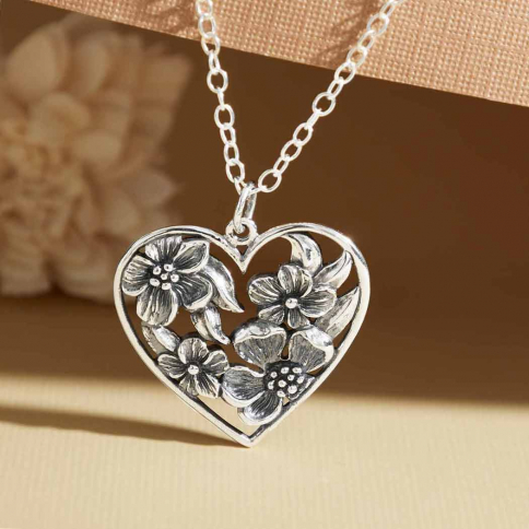 Sterling Silver Heart Necklace with Flowers