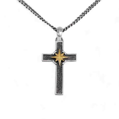 Sterling Silver and Bronze Compass Cross Necklace 22 Inch