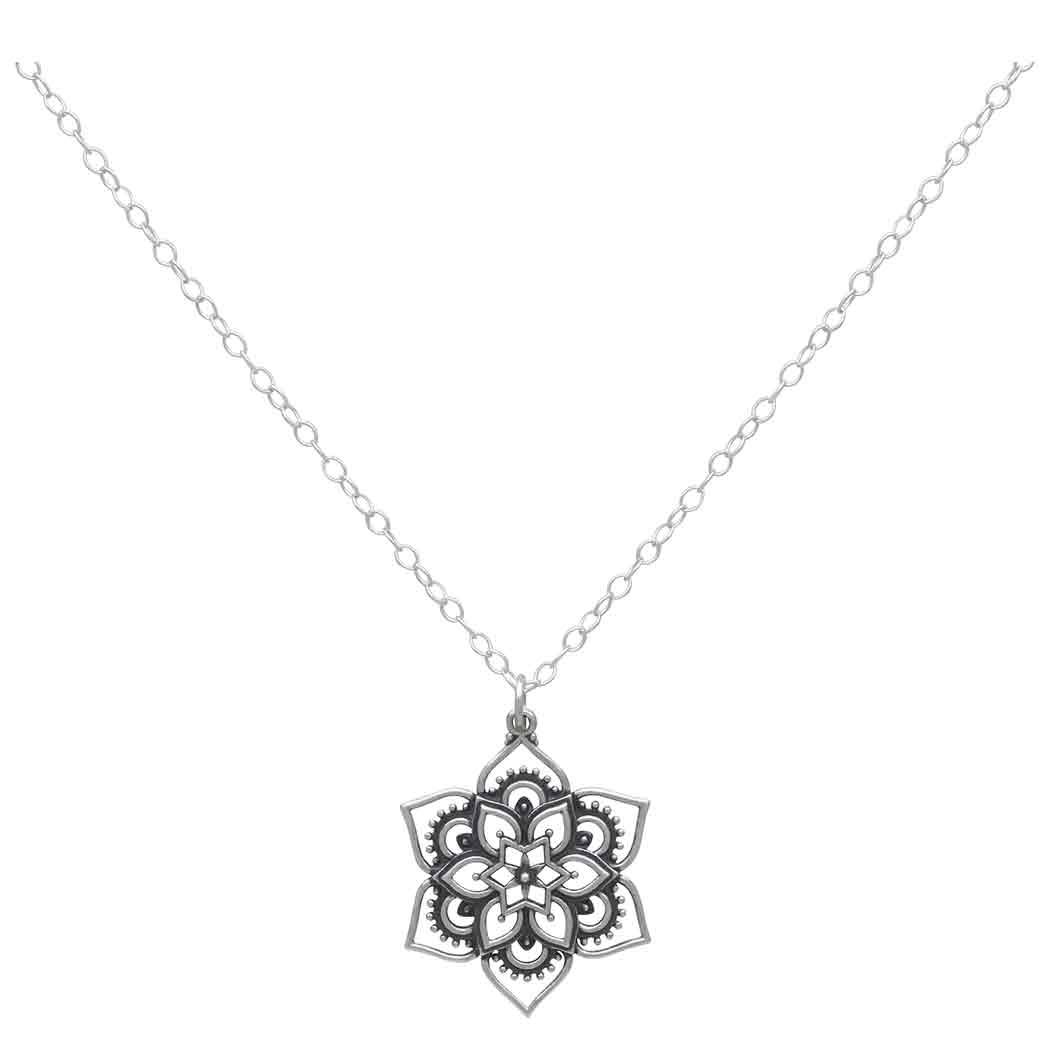 Sterling Silver Openwork Lotus Mandala Necklace Front View
