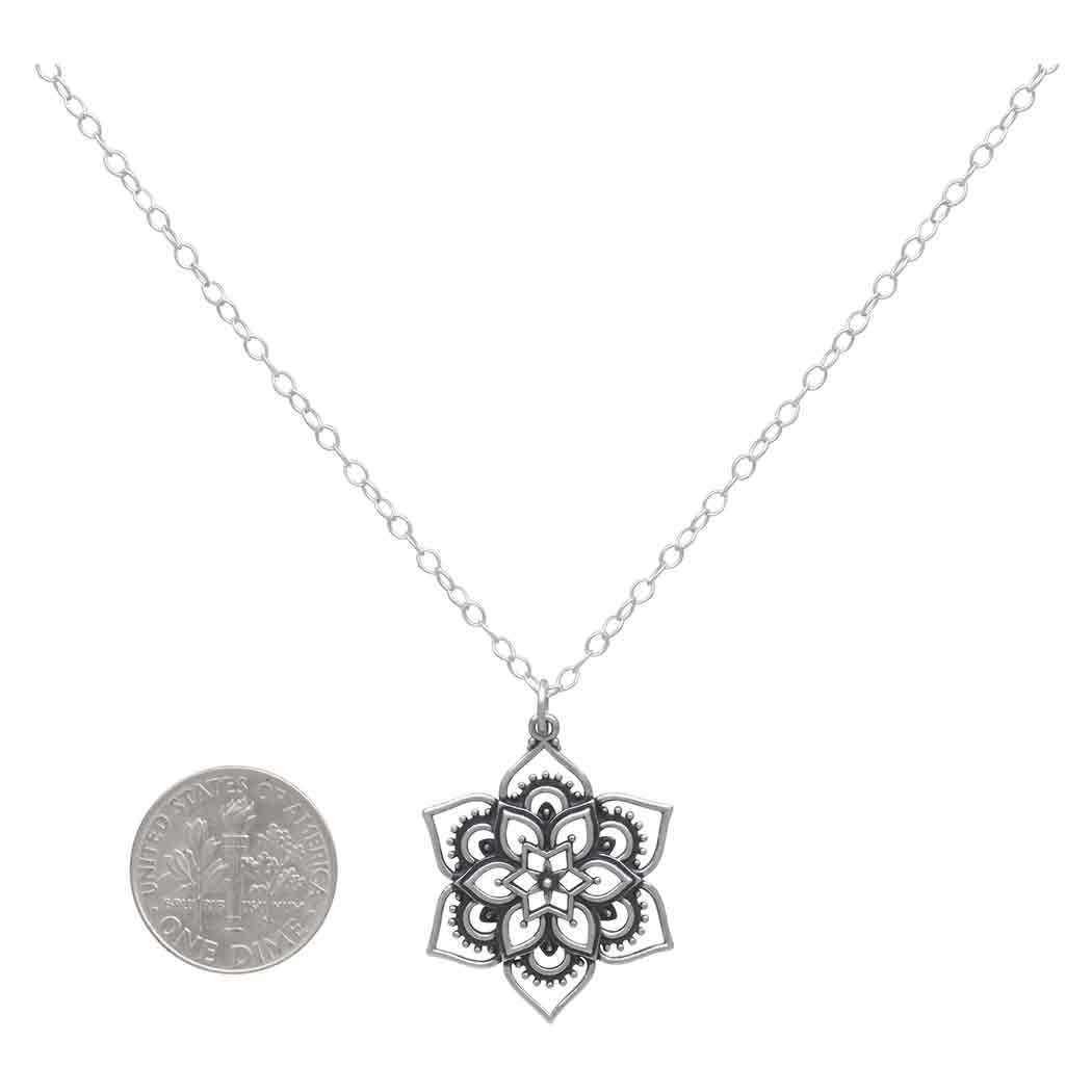 Sterling Silver Openwork Lotus Mandala Necklace with Dime