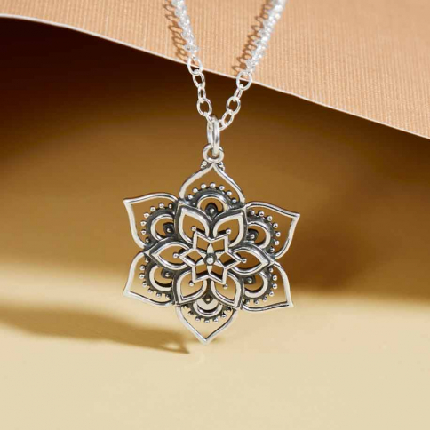 Sterling Silver Openwork Lotus Mandala Necklace 18 Inch