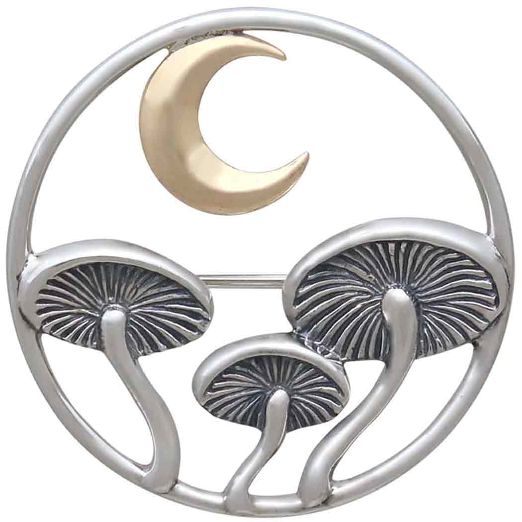 Sterling Silver Mushroom Brooch with Bronze Moon