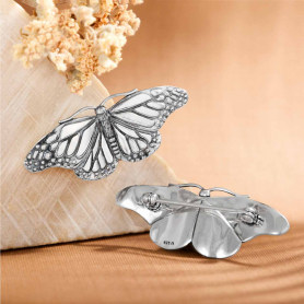 Sterling Silver Monarch Butterfly Brooch 15x38mm