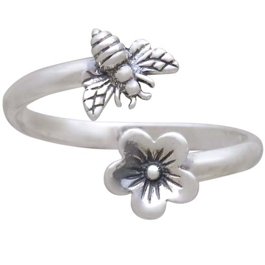 Sterling Silver Bee and Cherry Blossom Adjustable Ring