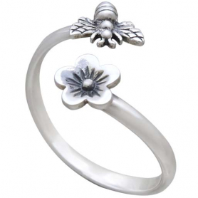 Sterling Silver Bee and Cherry Blossom Adjustable Ring