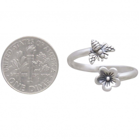 Sterling Silver Bee and Cherry Blossom Adjustable Ring