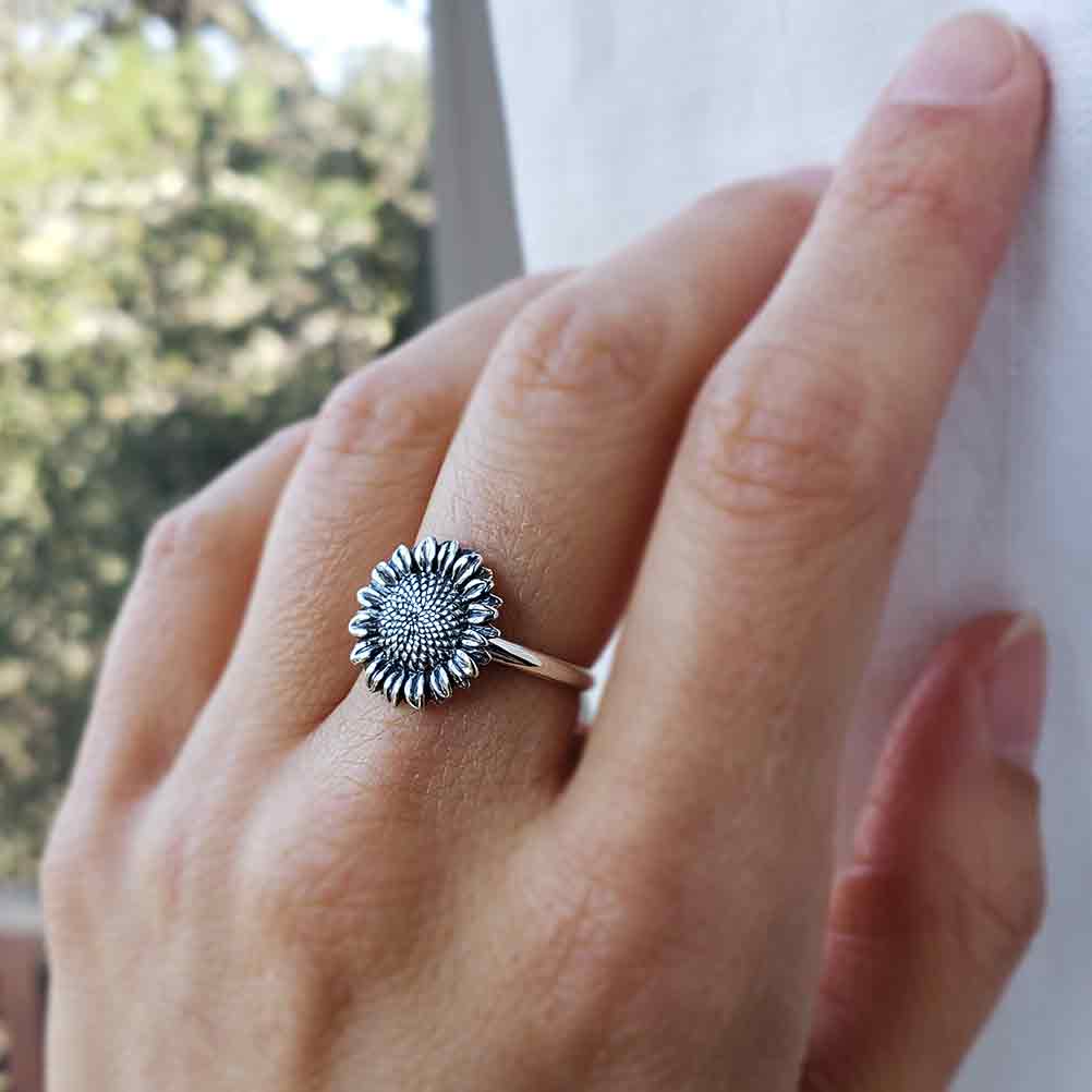 Sterling Silver Sunflower Ring on model