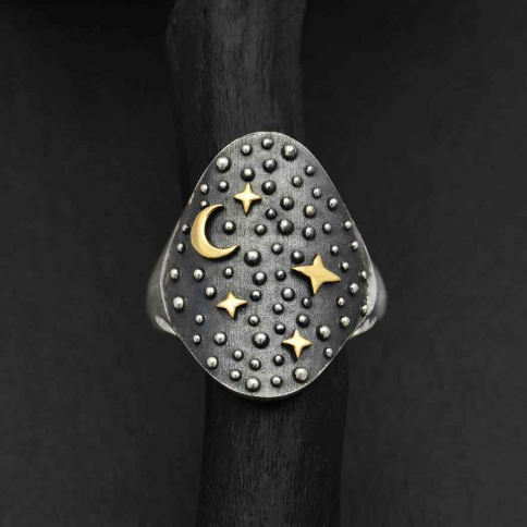 Silver Night Sky Ring with Bronze Moon and Stars