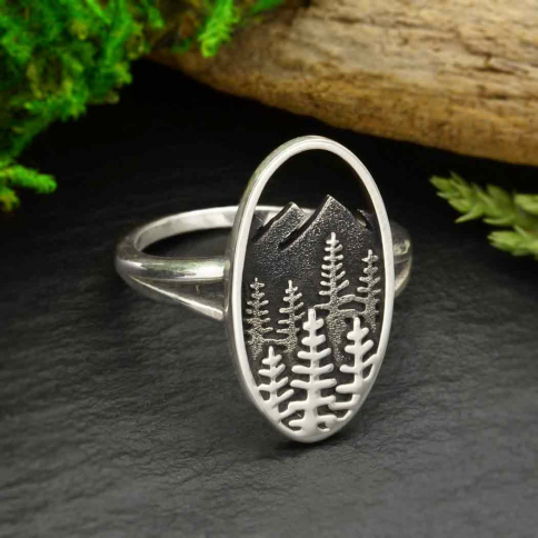 Sterling Silver Layered Trees and Mountains Oval Ring