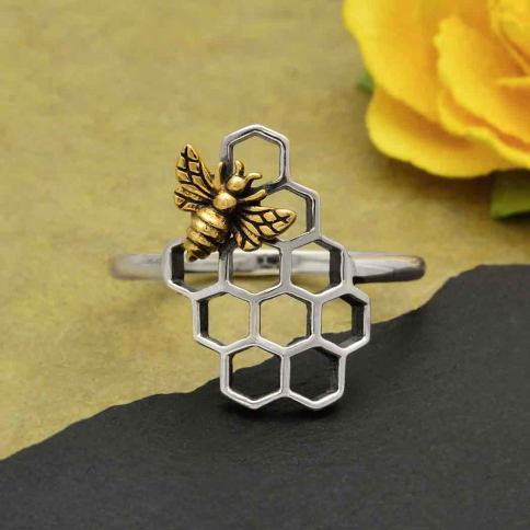 Silver Honeycomb Ring with Small Bronze Bee
