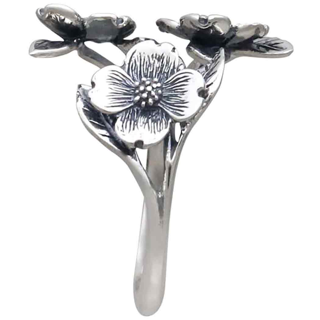 Sterling Silver Adjustable Dogwood Flower and Leaf Ring