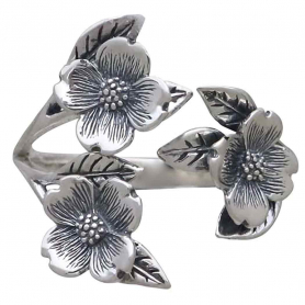 Sterling Silver Adjustable Dogwood Flower and Leaf Ring