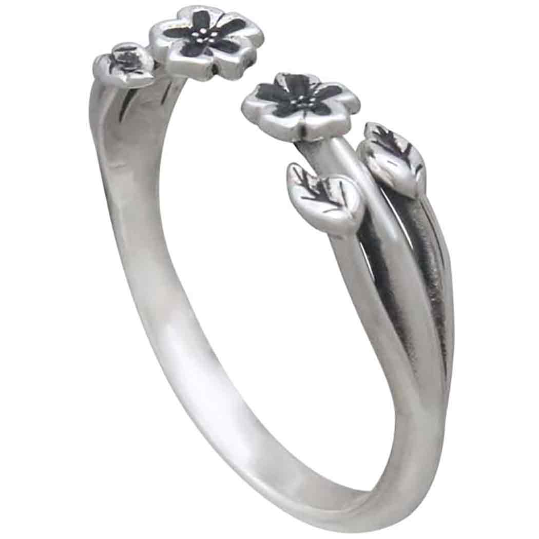 Sterling Silver Adjustable Ring with Tiny Flowers and Leaves