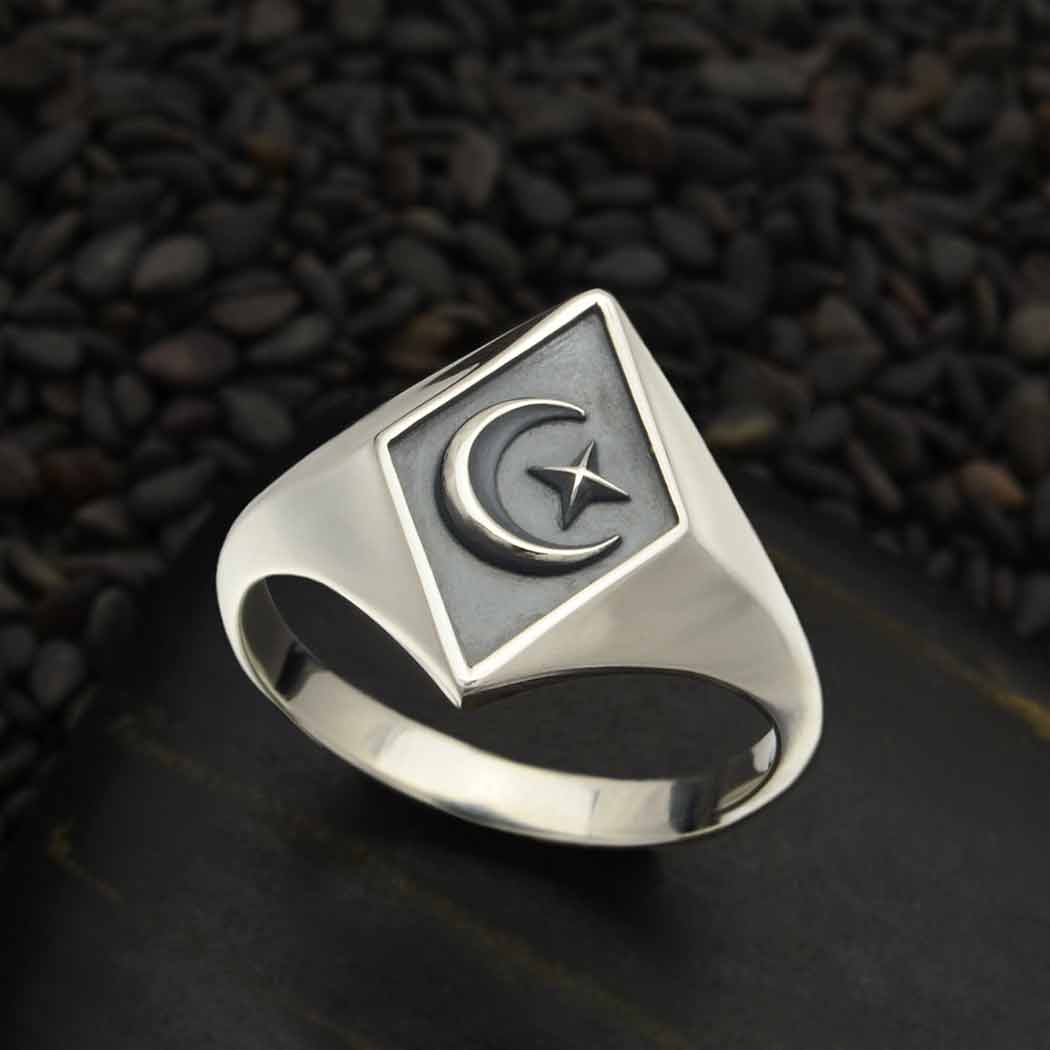 Celestial Mixed Metal Ring Moon and Stars Silver Bronze Ring