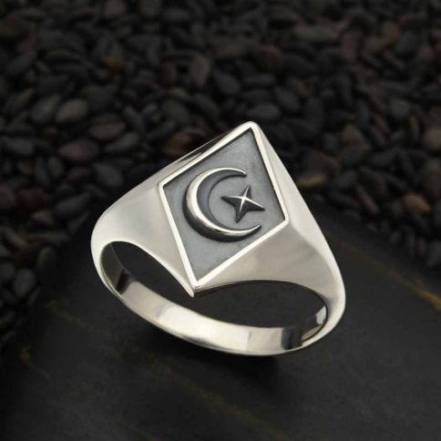 Sterling Silver Star and Moon Signet Ring