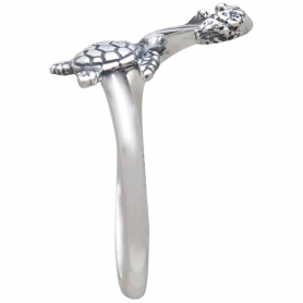 Sterling Silver Sea Turtle and Wave Adjustable Ring