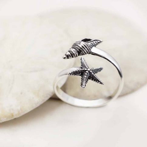 Sterling Silver Adjustable Starfish and Shell Ring