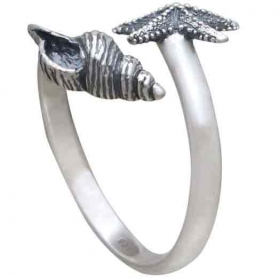 Sterling Silver Adjustable Starfish and Conch Shell Ring