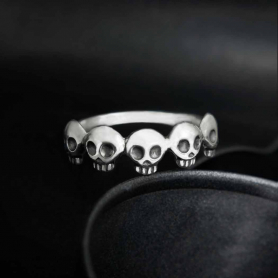 Sterling Silver Five Skull Ring