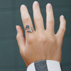 Sterling Silver Adjustable Moon and Bat Ring on model