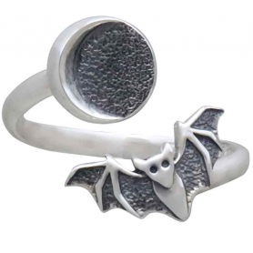 Sterling Silver Adjustable Moon and Bat Ring