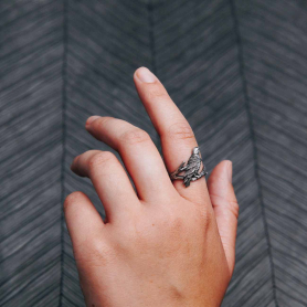 Sterling Silver Raven Ring on hand