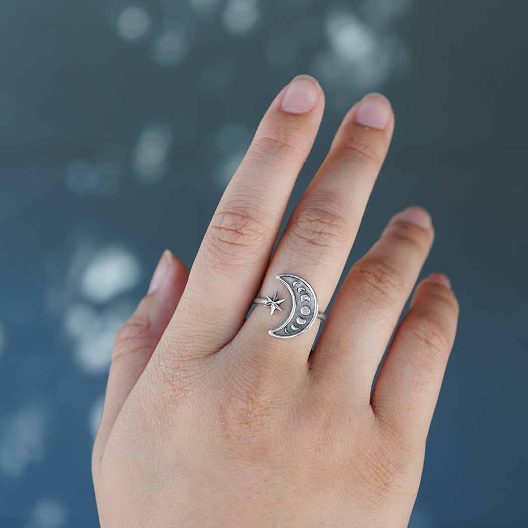 Sterling Silver Moon Phase and Star Adjustable Ring on Hand