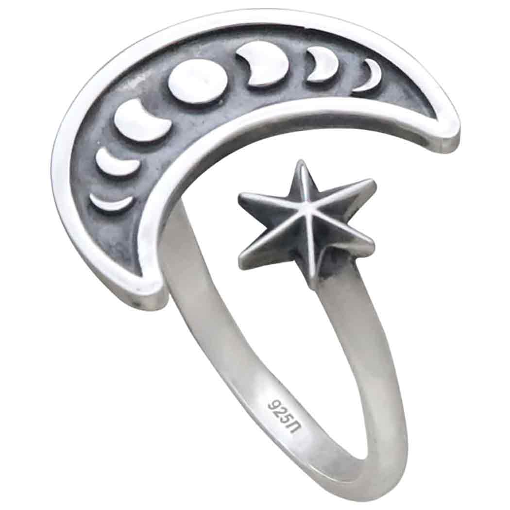 Sterling Silver Adjustable Moon Phase Ring Three Quarter View