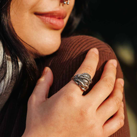 Sterling Silver Oyster Mushroom Ring on Tree Bark on hand