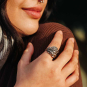 Sterling Silver Oyster Mushroom Ring on Tree Bark on hand