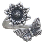 Sterling Silver Dahlia and Butterfly Adjustable Ring Front View