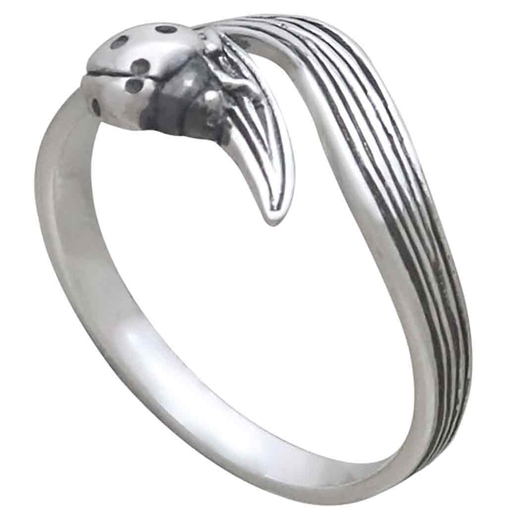 Sterling Silver Adjustable Leaf and Ladybug Ring Three Quarter View
