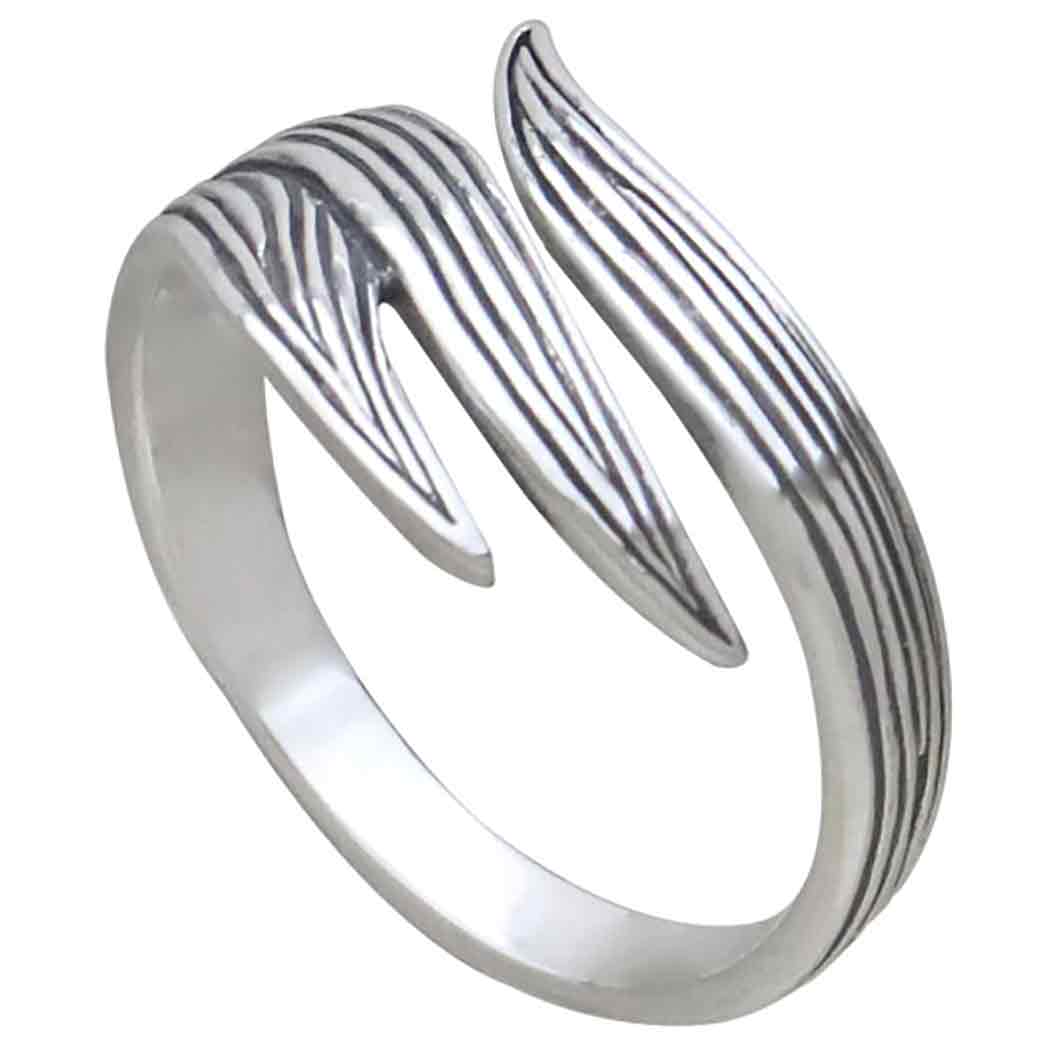 Sterling Silver Adjustable Long Leaf Ring Three Quarter View