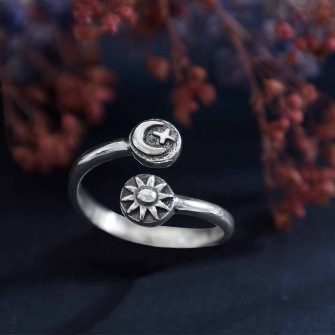 Sterling Silver Adjustable Moon Star and Sun Ring on hand