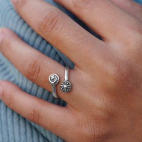 Sterling Silver Adjustable Moon Star and Sun Ring on hand