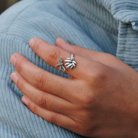 Sterling Silver Adjustable Dragonfly and Lotus Ring on hand