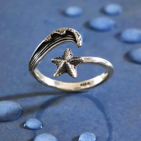 Sterling Silver Wave and Starfish Adjustable Ring