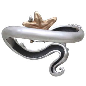 Sterling Silver Adjustable Octopus Ring with Bronze Starfish Back View
