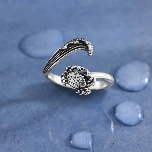 Sterling Silver Adjustable Wave and Crab Ring