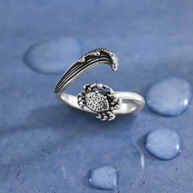 Sterling Silver Adjustable Wave and Crab Ring