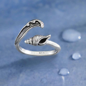 Sterling Silver Adjustable Wave and Shell Ring