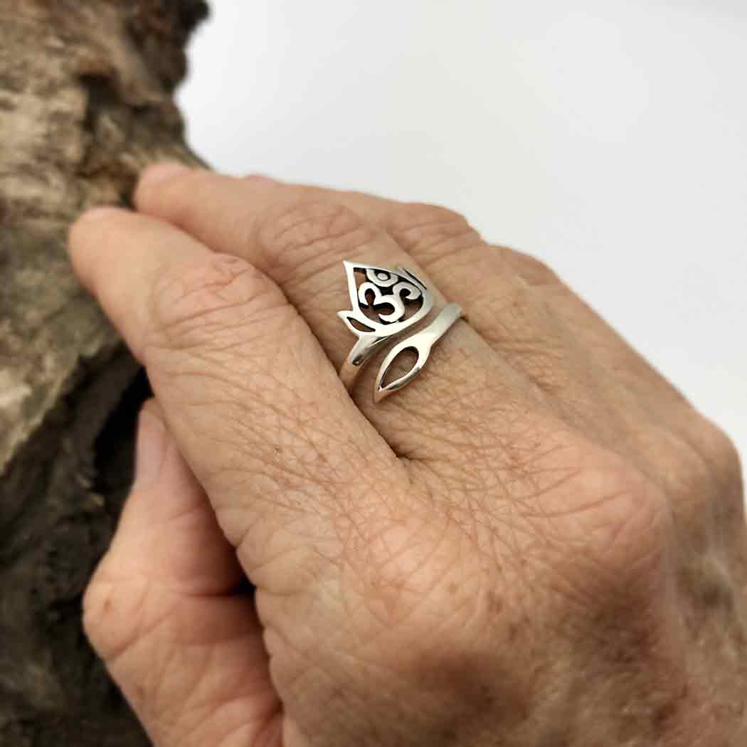 Sterling Silver Adjustable Ring - Openwork Lotus and Om