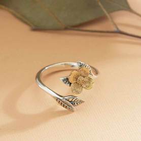 Mixed Metal Adjustable Dogwood Flower and Leaves Ring