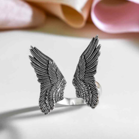 Sterling Silver Adjustable Detailed Angel Wing Ring