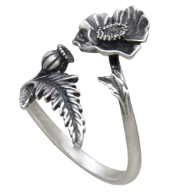 Adjustable Poppy Ring - August Birth Flower Three Quarter View