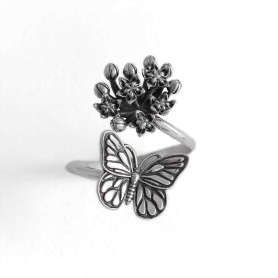 Sterling Silver Monarch and Milkweed Adjustable Ring