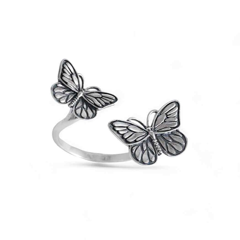 Sterling Silver Adjustable Ring w Two Detailed Butterflies