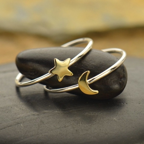 Sterling Silver Ring Set - Bronze Moon and Star Rings